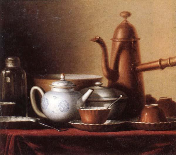 unknow artist Still life of a chocolate pot,teapot,sucrier,bowl,teajar,tea cups and saucers,and silver spoons,all upon a draped table top China oil painting art